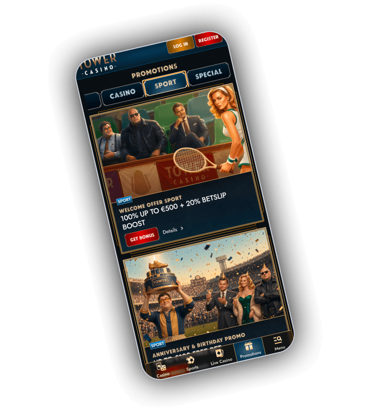 Tower Casino promotions screen with casino, sport and special tabs showing a sport welcome offer of one hundred percent up to five hundred euro with a twenty percent betslip boost