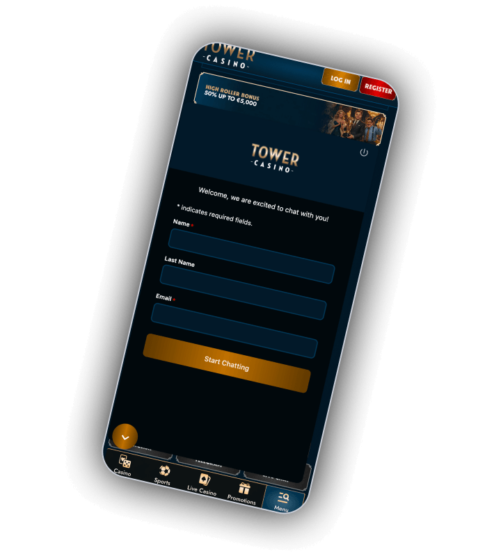Tower Casino help centre with a pre-chat form asking for name, last name and email before a start chatting button