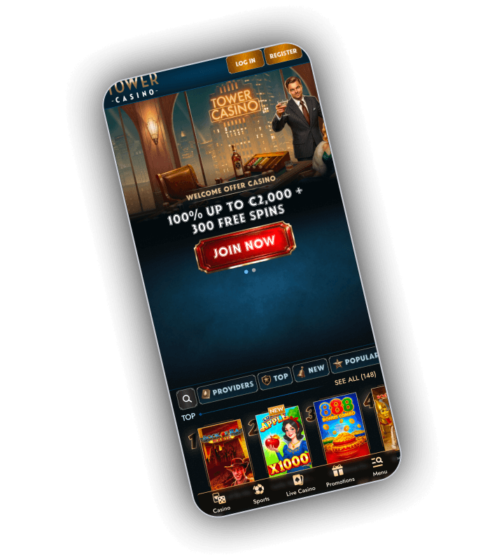 Tower Casino mobile lobby with the gold wordmark, a red register button and the bottom bar holding Casino, Sports, Live Casino, Promotions and Menu