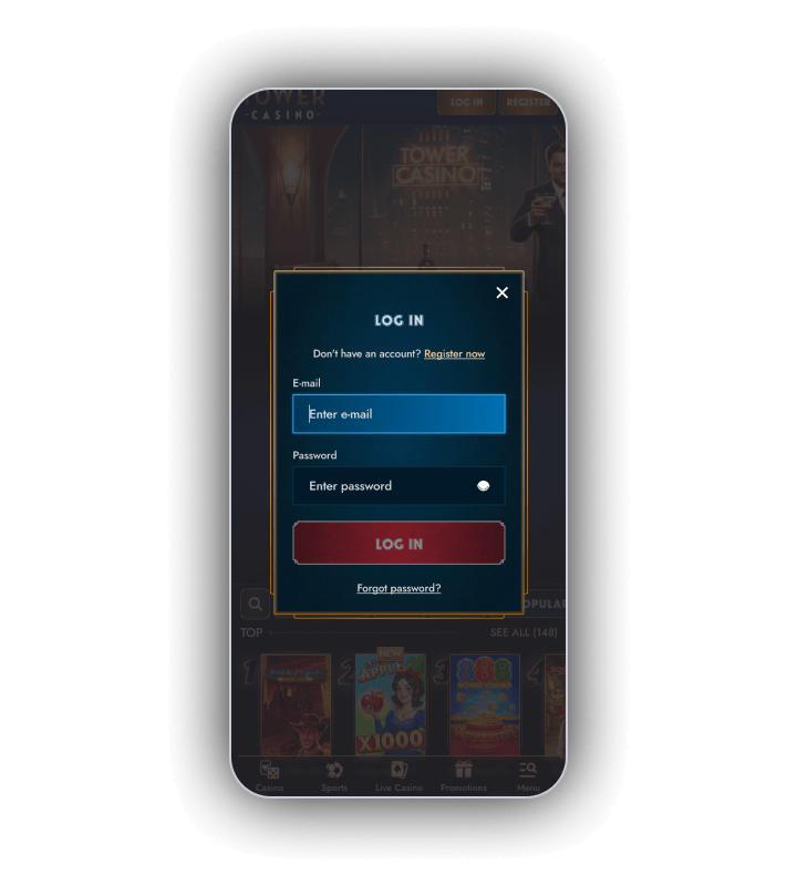 Tower Casino login panel with email and password fields, a log in button and a password recovery link