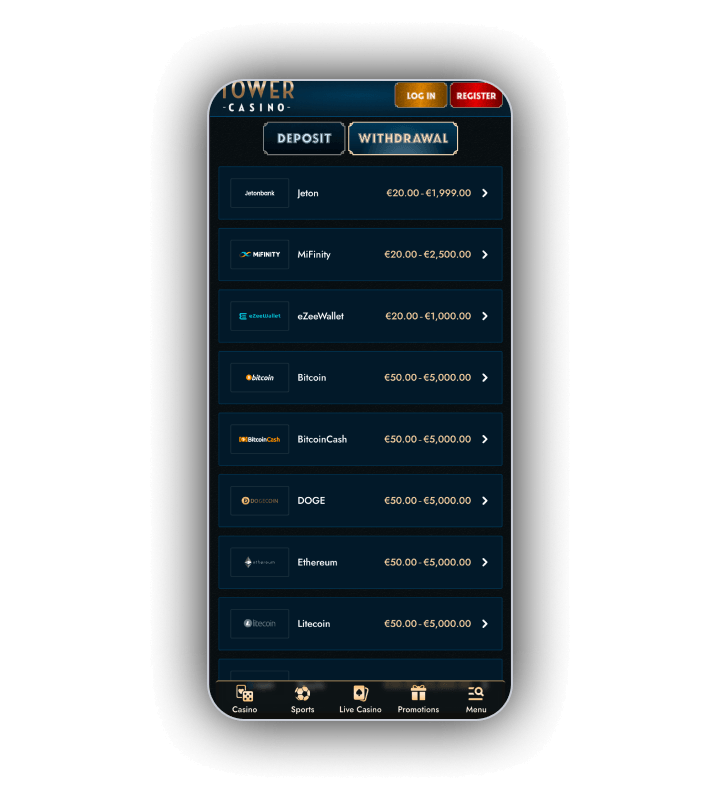 Tower Casino cashier on the withdrawal tab listing Jeton, MiFinity, eZeeWallet, Bitcoin, BitcoinCash, DOGE, Ethereum and Litecoin with a minimum and maximum beside each