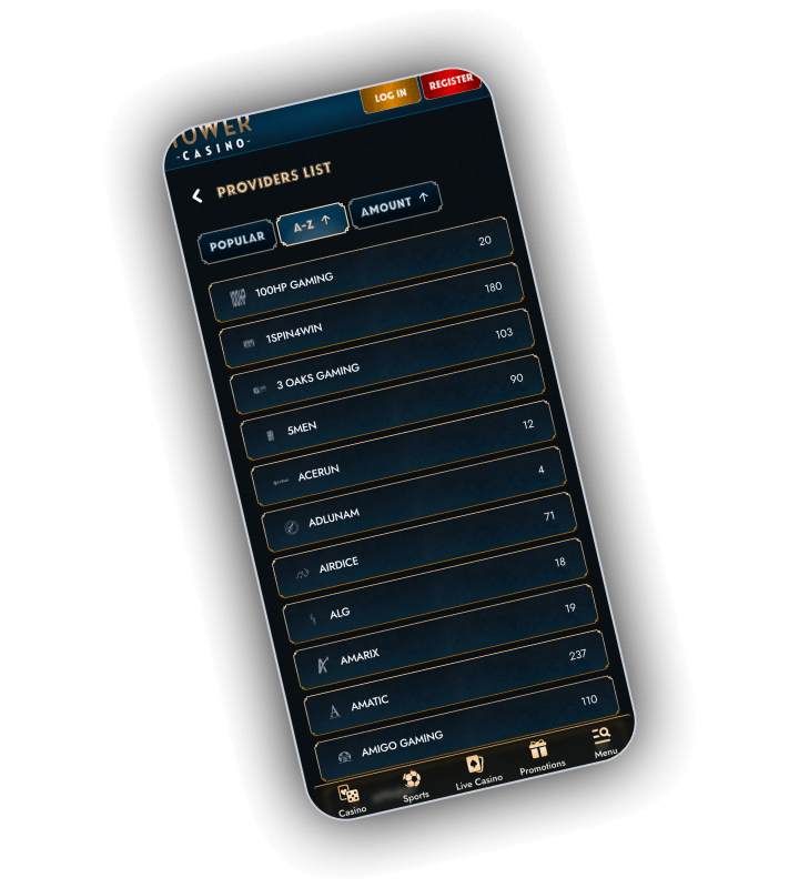 Tower Casino providers list sorted A to Z showing 100HP Gaming with 180 titles, 1spin4win with 103, 3 Oaks Gaming with 90 and further studios each with a count