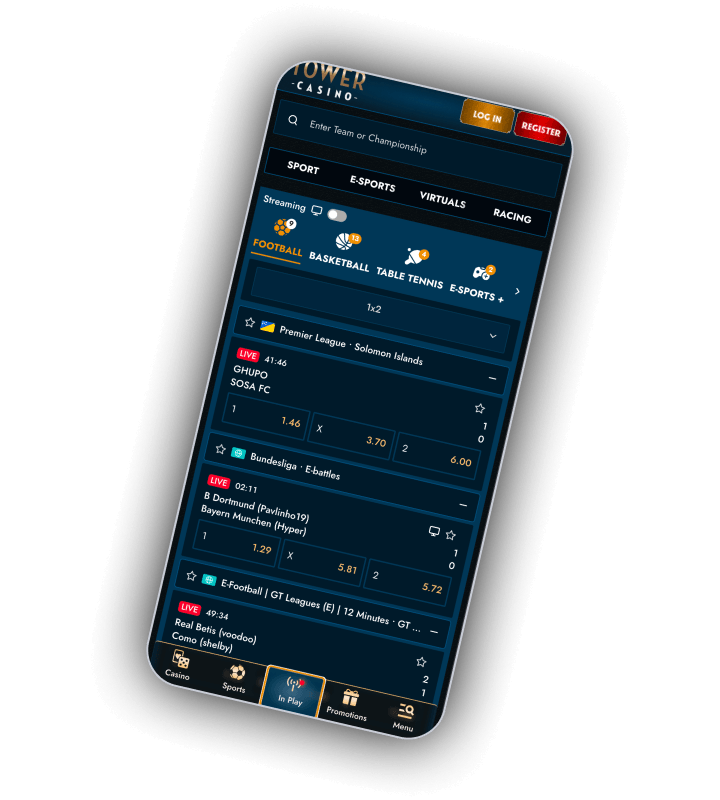 Tower Casino live sports screen with sport, e-sports, virtuals and racing tabs, a streaming toggle and in-play football matches showing 1x2 prices