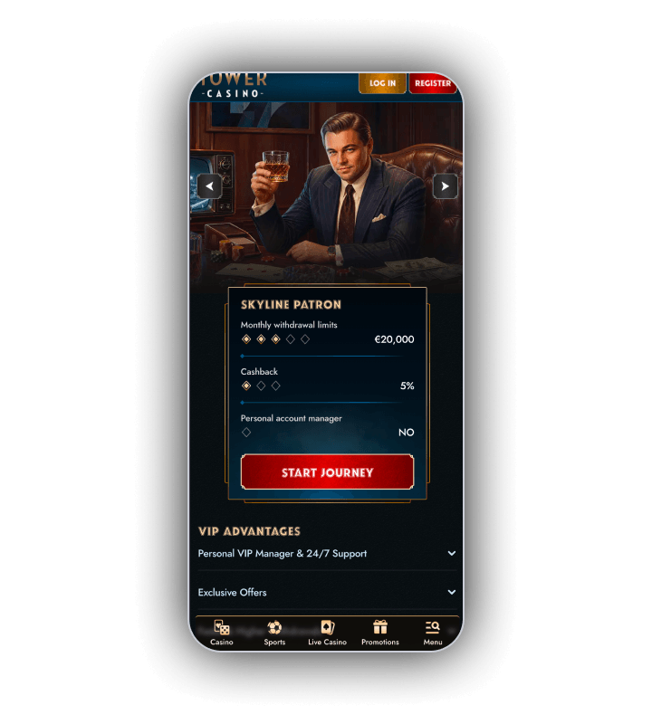 Tower Casino VIP screen showing the Skyline Patron tier with a twenty thousand euro monthly withdrawal limit, five percent cashback and no personal account manager